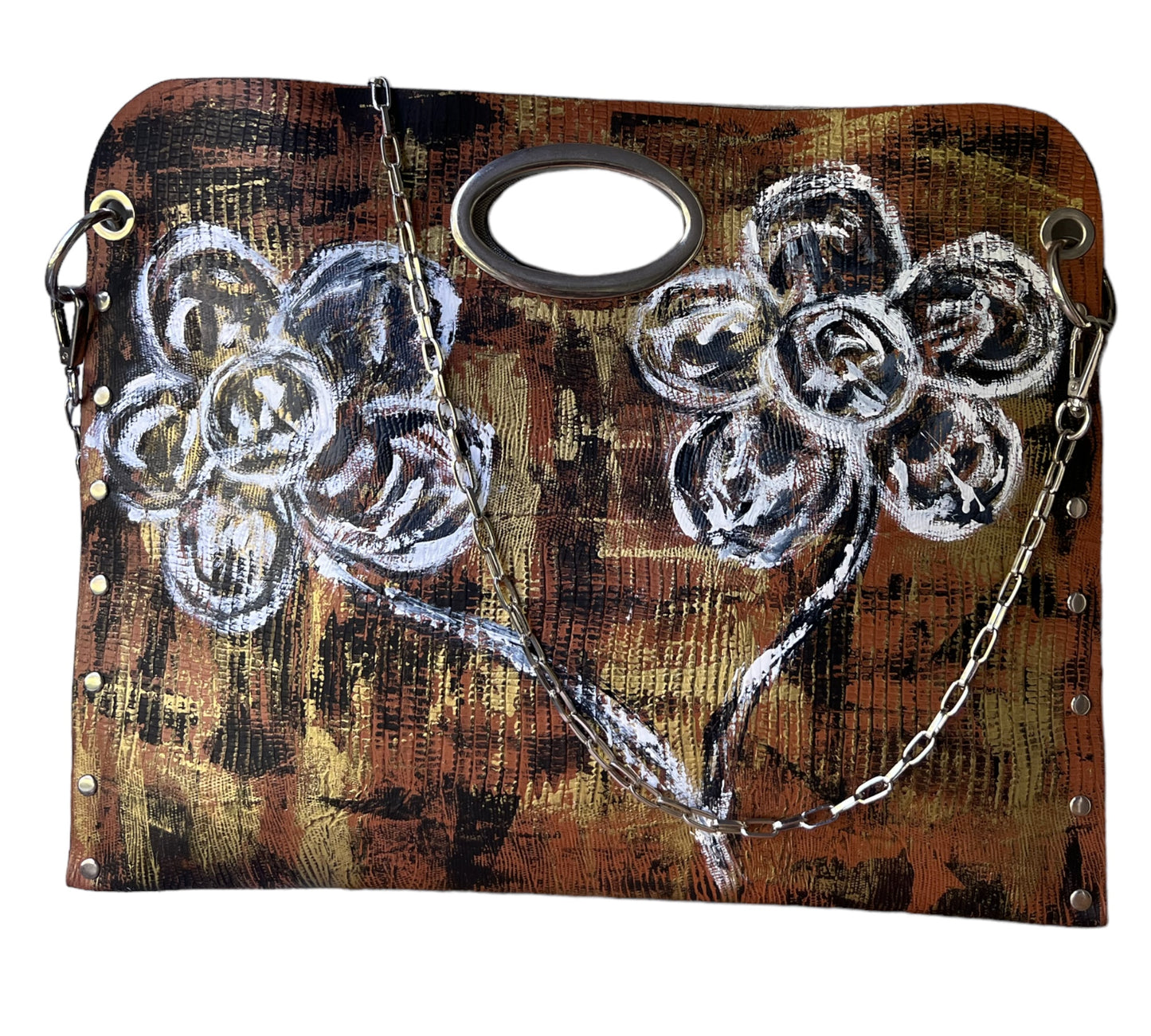Hand-Painted Floral Leather Handbag