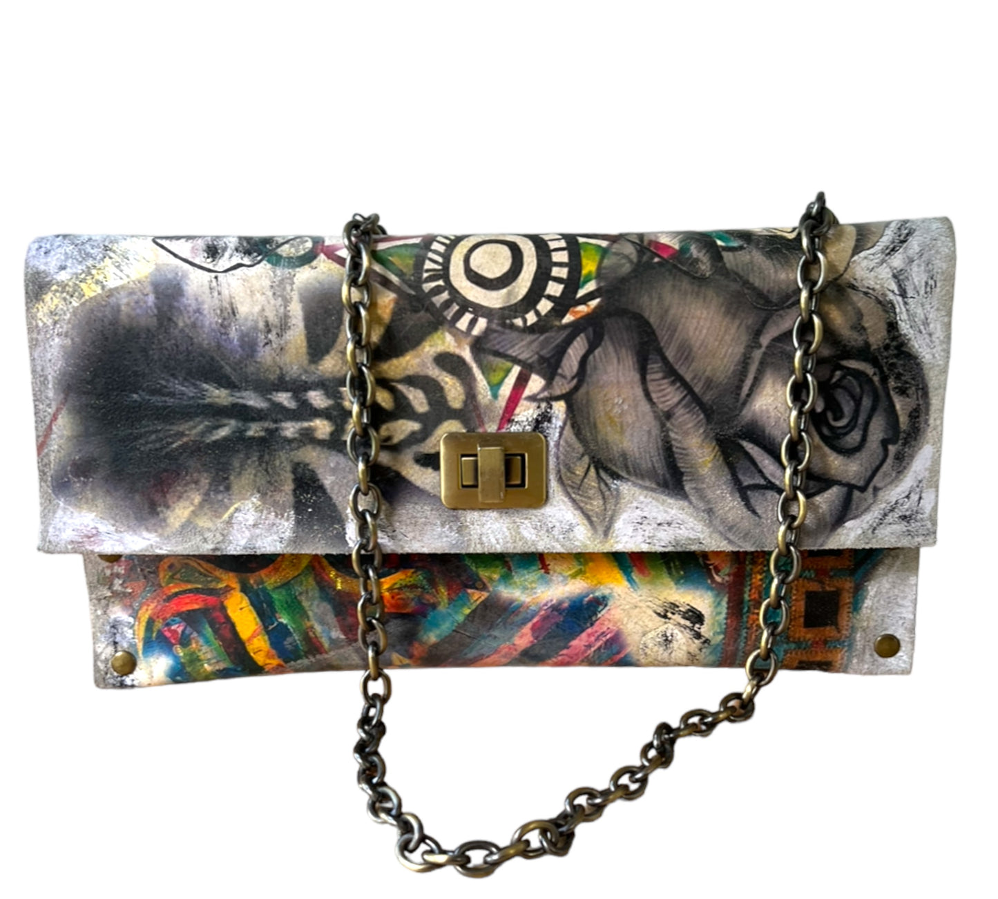 Hand-Painted Leather Clutch Bag with Chain Strap