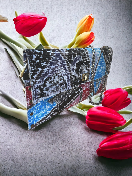 Hand-Painted Leather Clutch - Geometric Motif