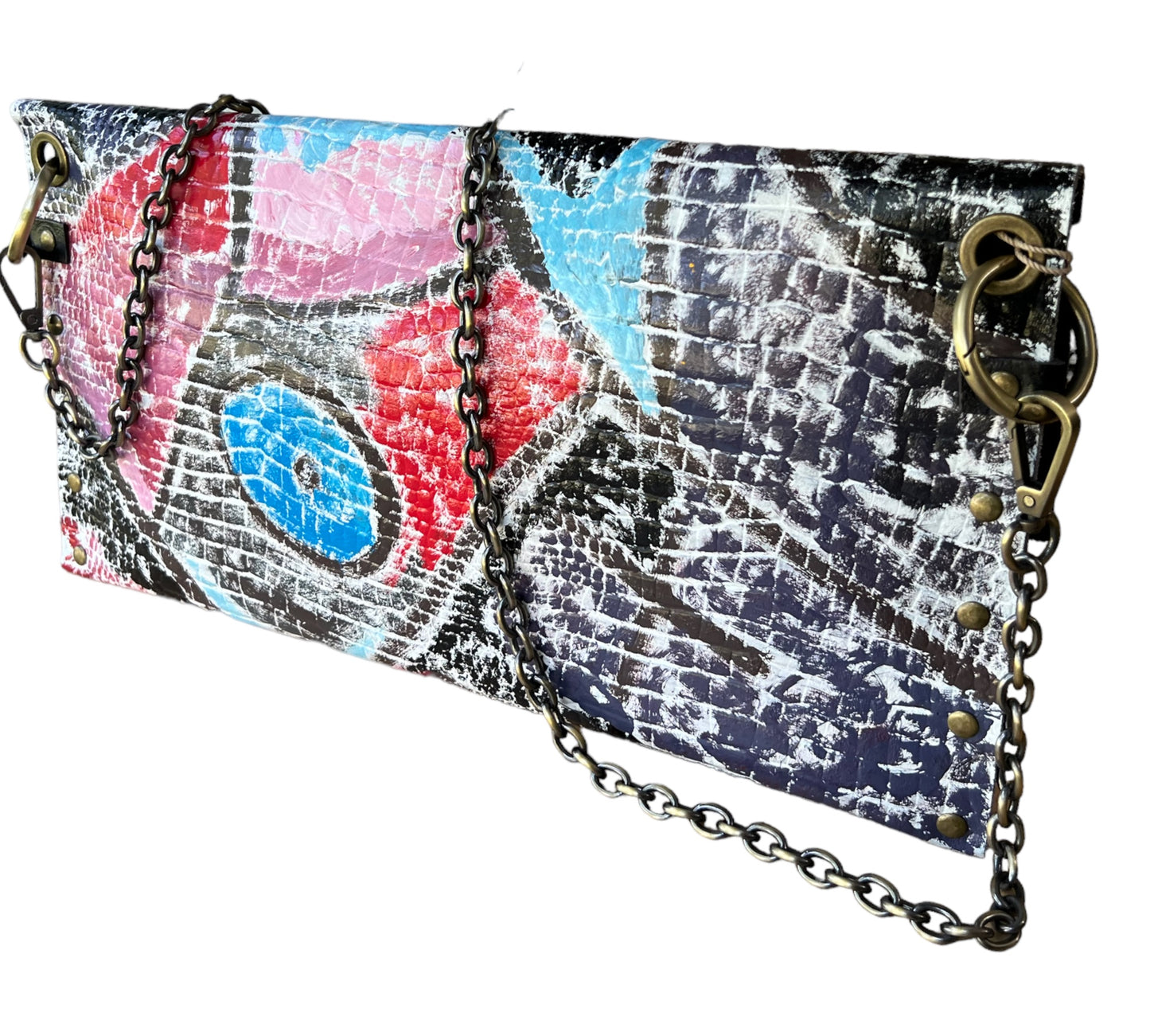 Hand-Painted Leather Clutch - Geometric Motif