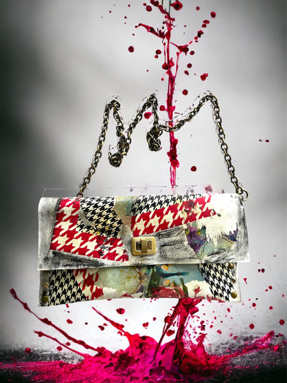 Checkered Pattern and Red Flowers Leather Handbag