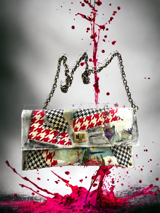 Checkered Pattern and Red Flowers Leather Handbag