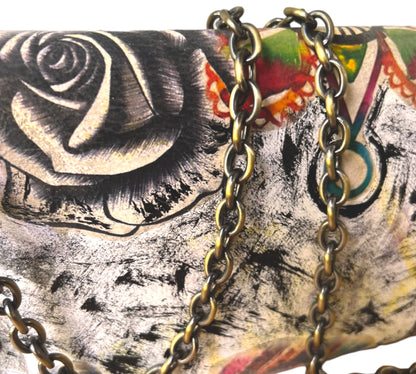 Hand-Painted Leather Clutch Bag with Chain Strap