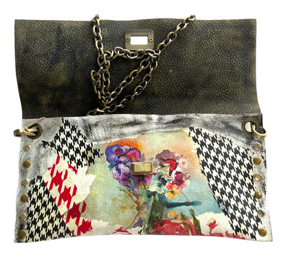 Checkered Pattern and Red Flowers Leather Handbag