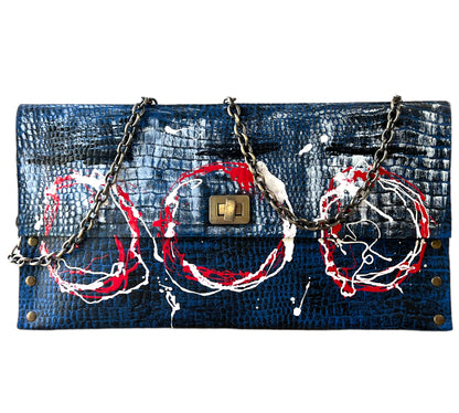 Blue Leather Envelope Clutch Hand Crafted Hand-Painted