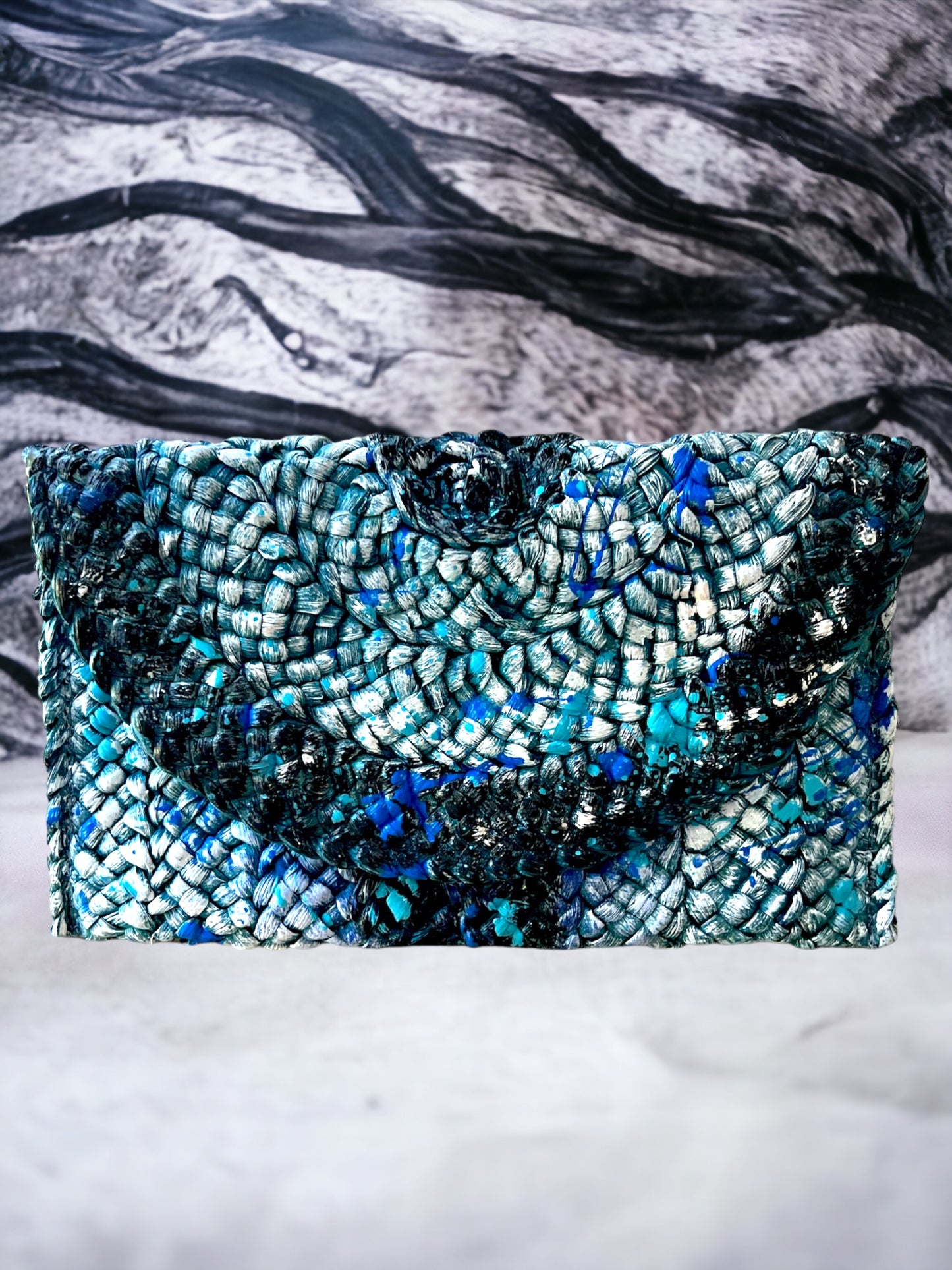 Hand-Painted Blue and Turquoise Straw Clutch