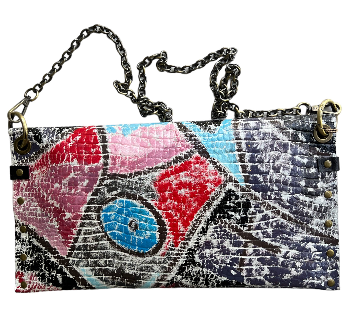 Hand-Painted Leather Clutch - Geometric Motif