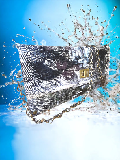 Brown and White Embellished Handbag