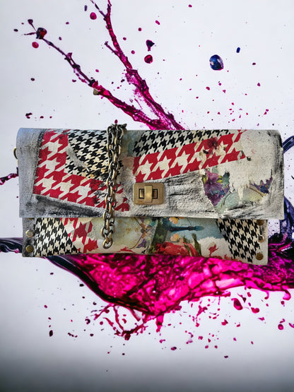 Checkered Pattern and Red Flowers Leather Handbag