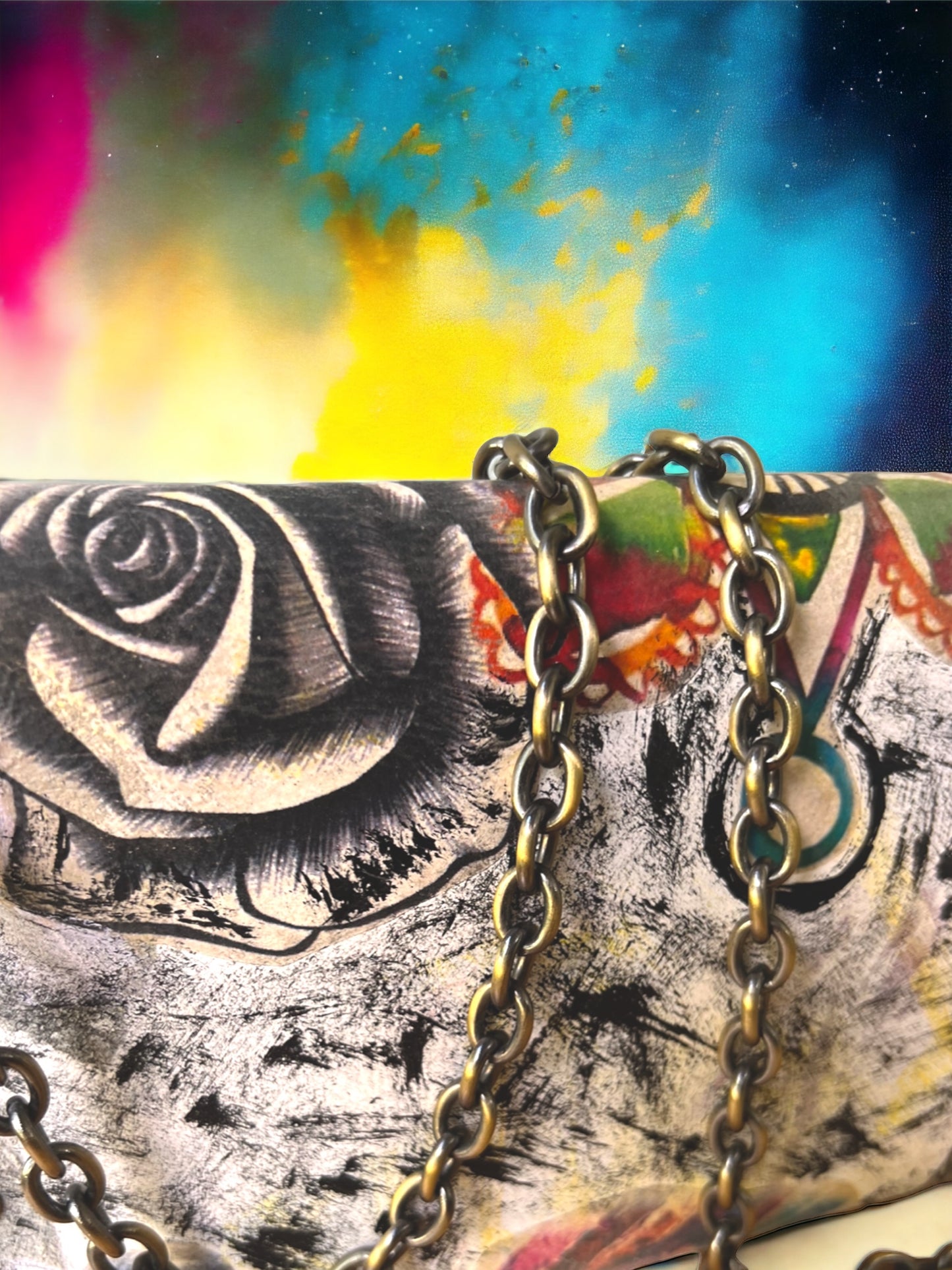 Hand-Painted Leather Clutch Bag with Chain Strap