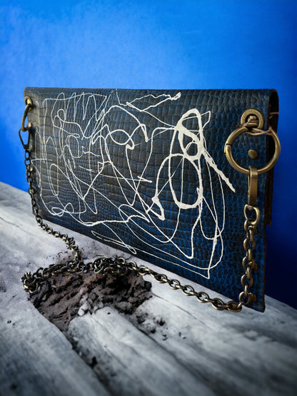 Blue Leather Envelope Clutch Hand Crafted Hand-Painted