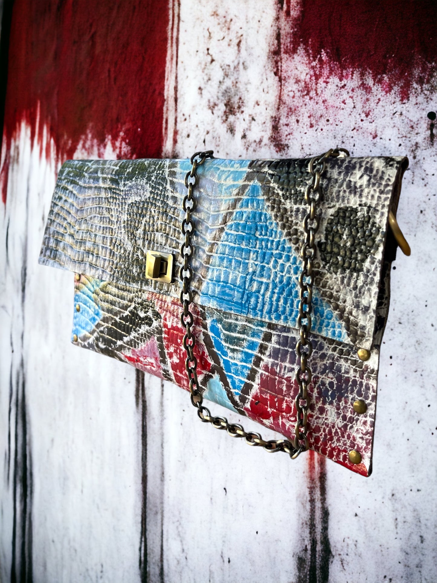 Hand-Painted Leather Clutch - Geometric Motif