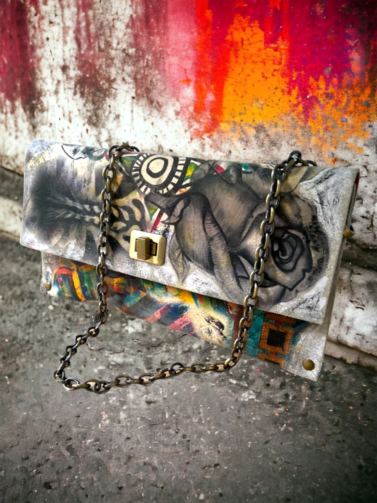 Hand-Painted Leather Clutch Bag with Chain Strap