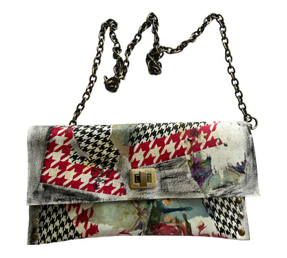 Checkered Pattern and Red Flowers Leather Handbag