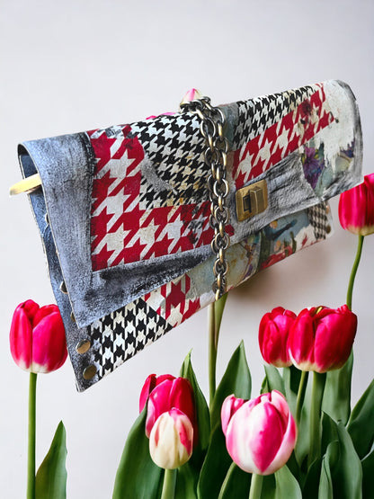 Checkered Pattern and Red Flowers Leather Handbag