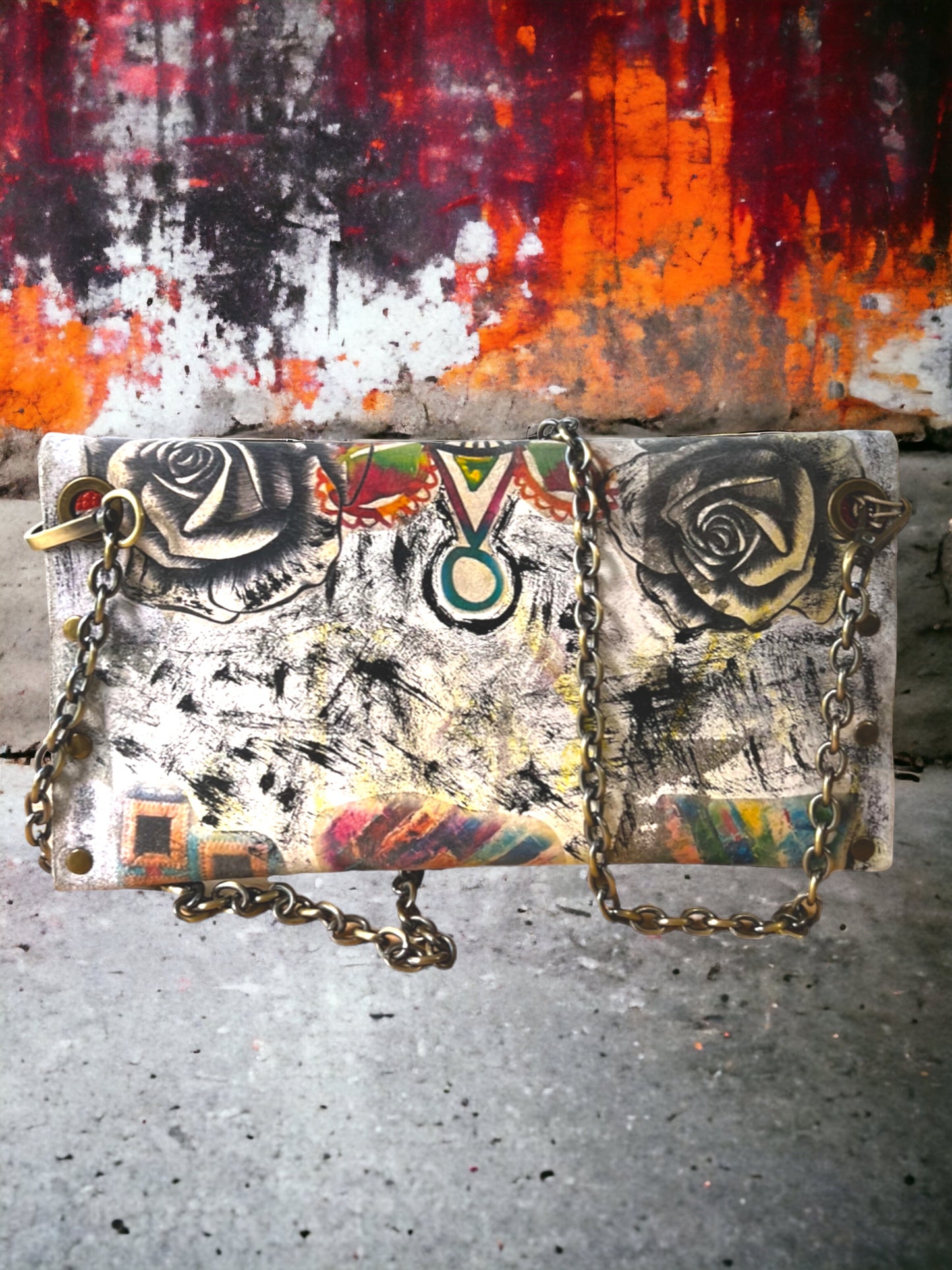 Hand-Painted Leather Clutch Bag with Chain Strap