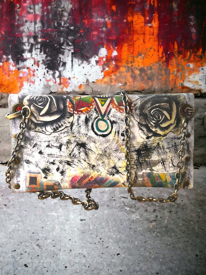 Hand-Painted Leather Clutch Bag with Chain Strap