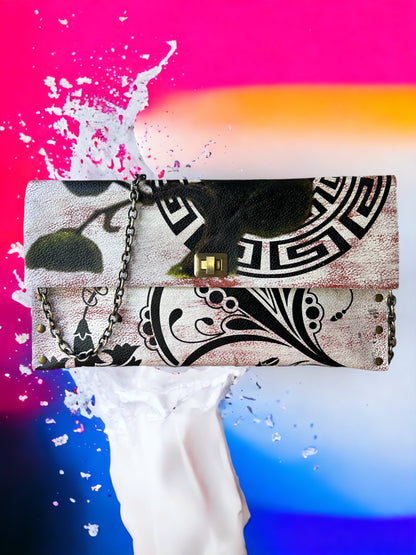 Hand-Painted Greek Meander Leather Clutch *