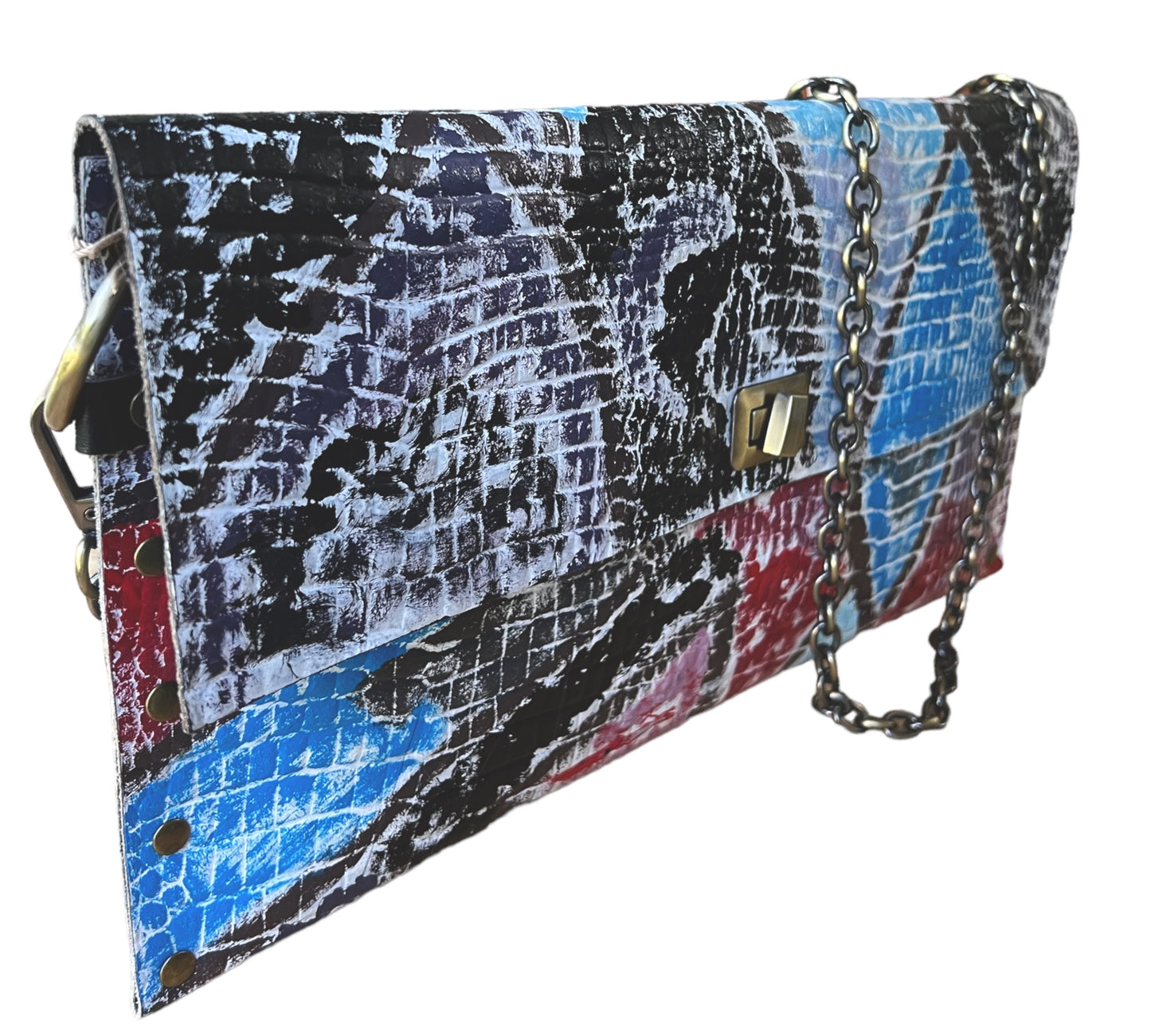 Hand-Painted Leather Clutch - Geometric Motif