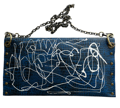 Blue Leather Envelope Clutch Hand Crafted Hand-Painted