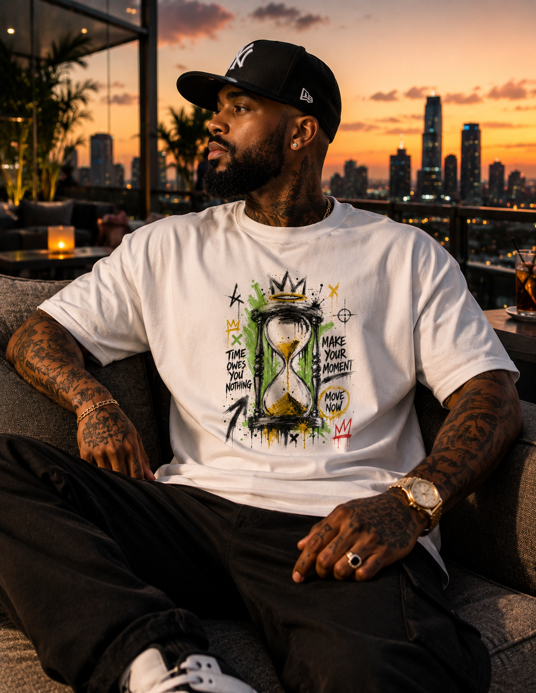 Black Hourglass Graphic T-Shirt, Oversized Streetwear Tee, Time Owes You Nothing Shirt, Urban Unisex Graphic Top